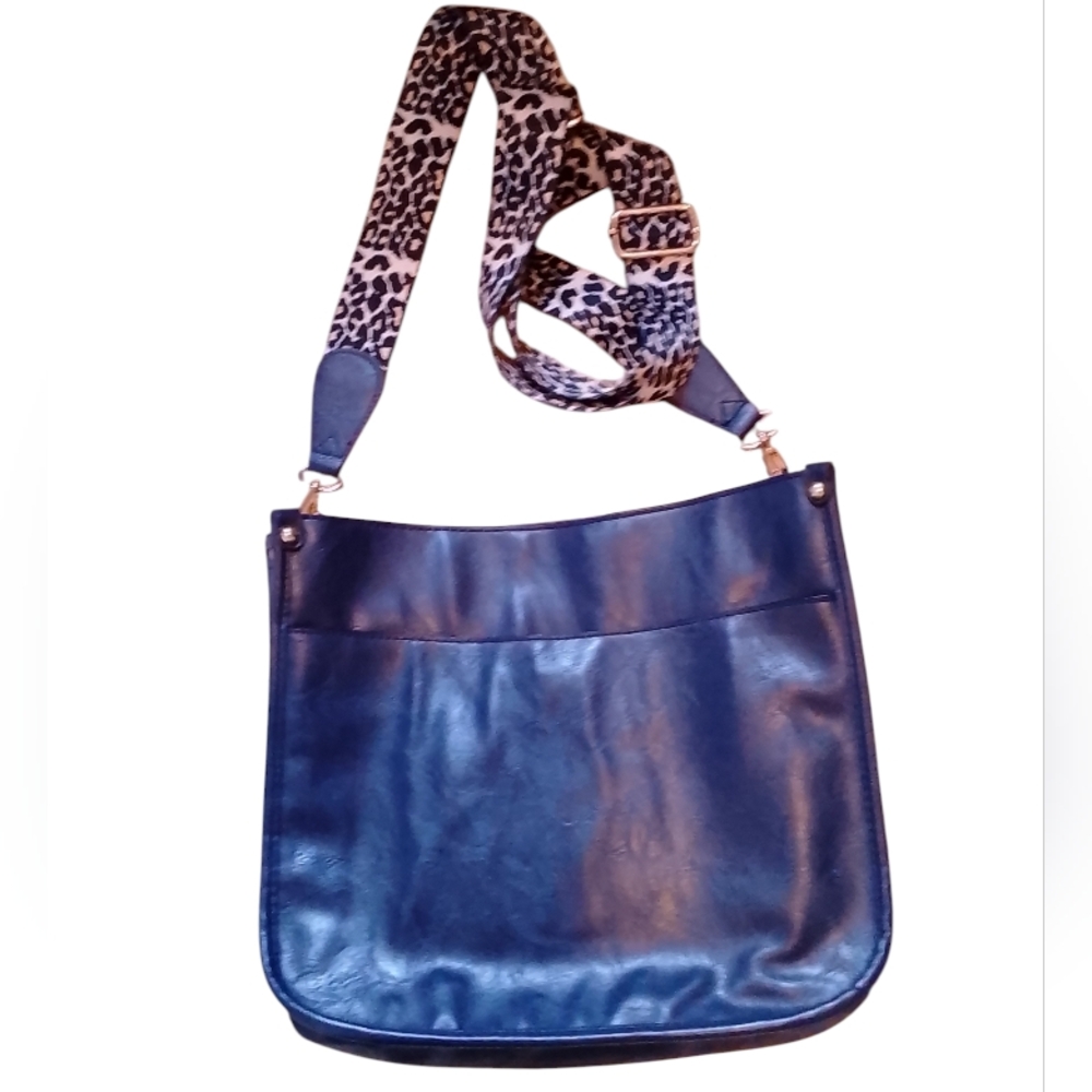 Stylish Blue Leather Shoulder Bag with Guitar Strap